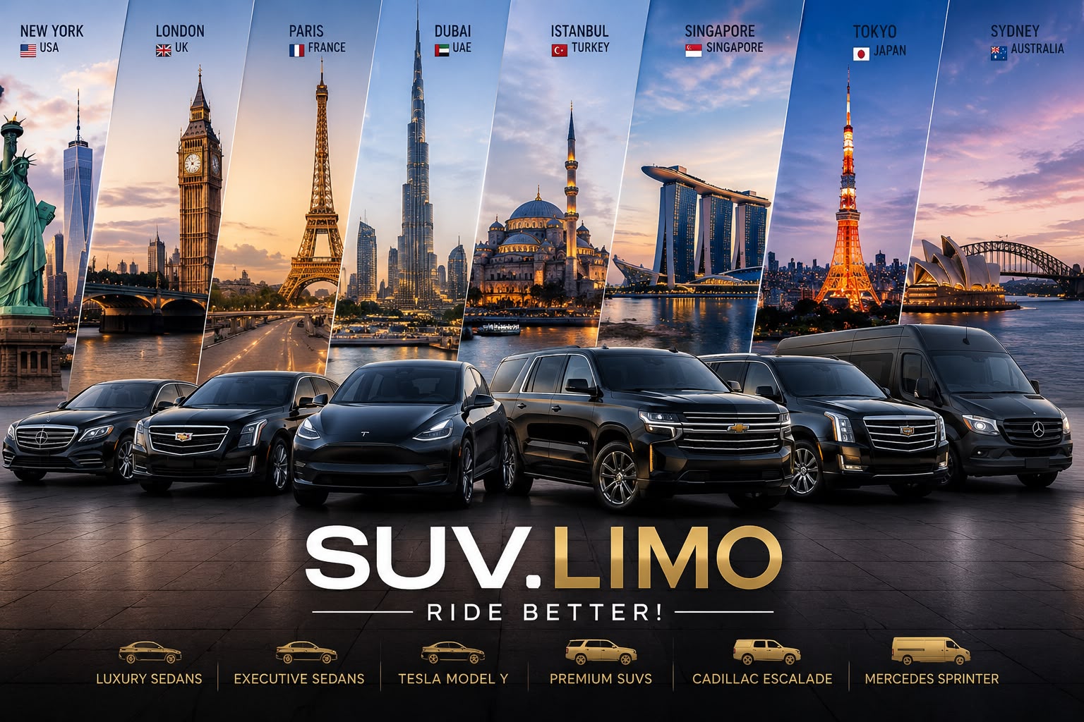 SUV.LIMO corporate fleet across New York, London, Paris, Dubai, Singapore, Tokyo and Sydney