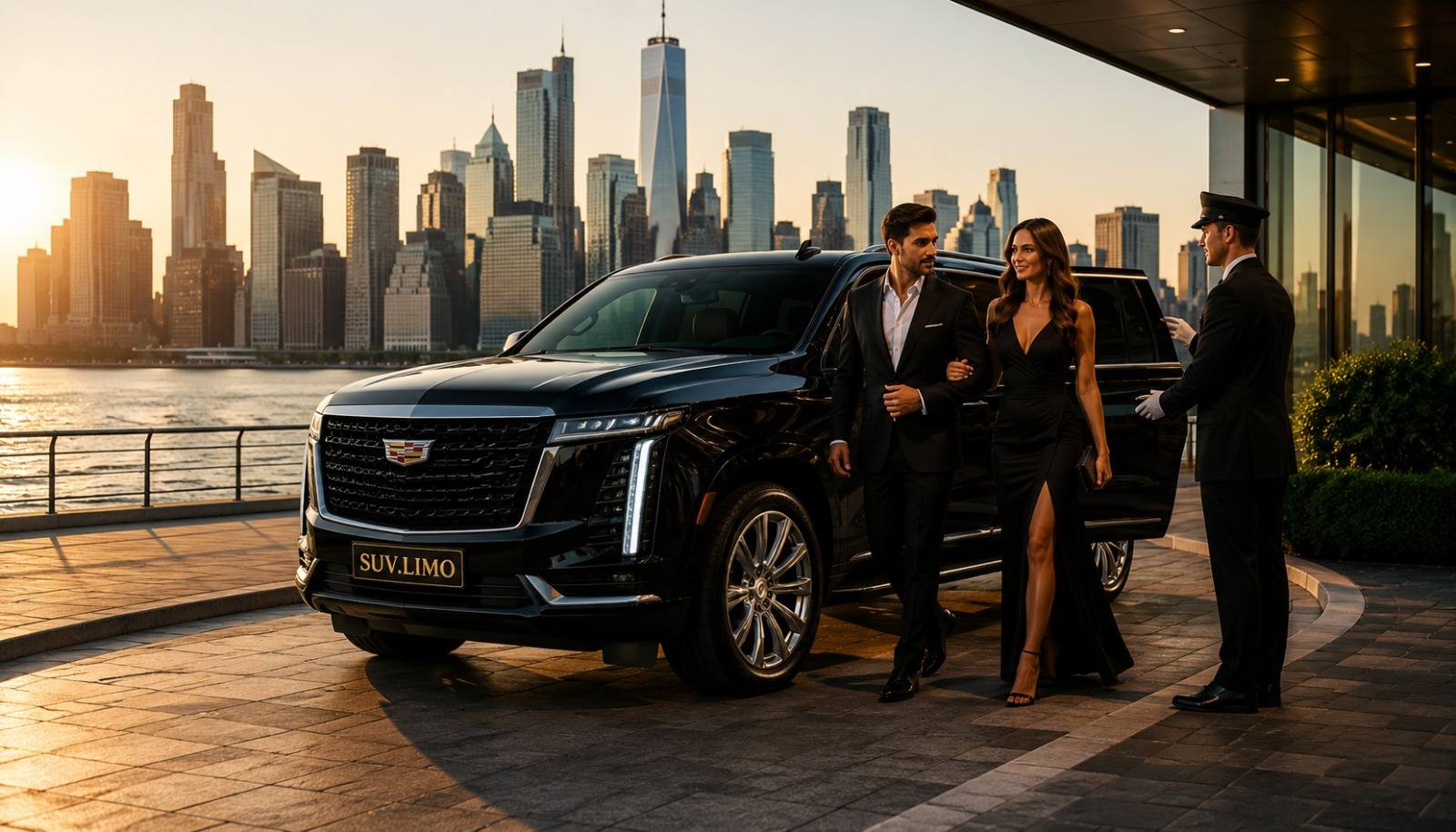 Chauffeur opening the door of a luxury SUV for corporate passengers