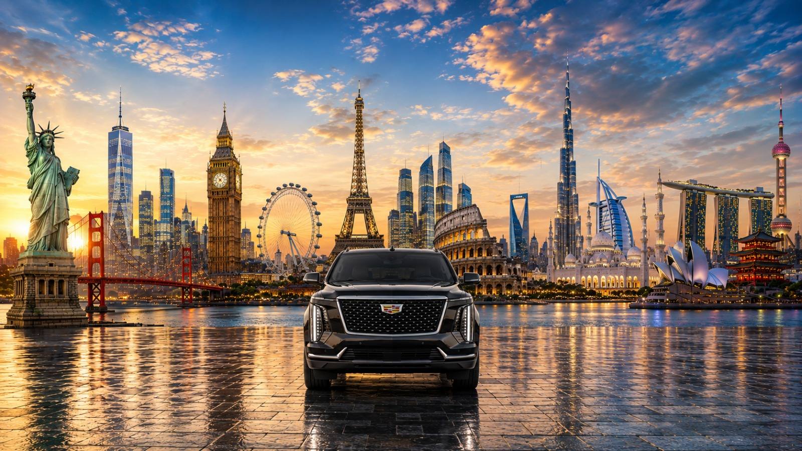 Black luxury SUV in front of a global skyline of world landmarks at sunset