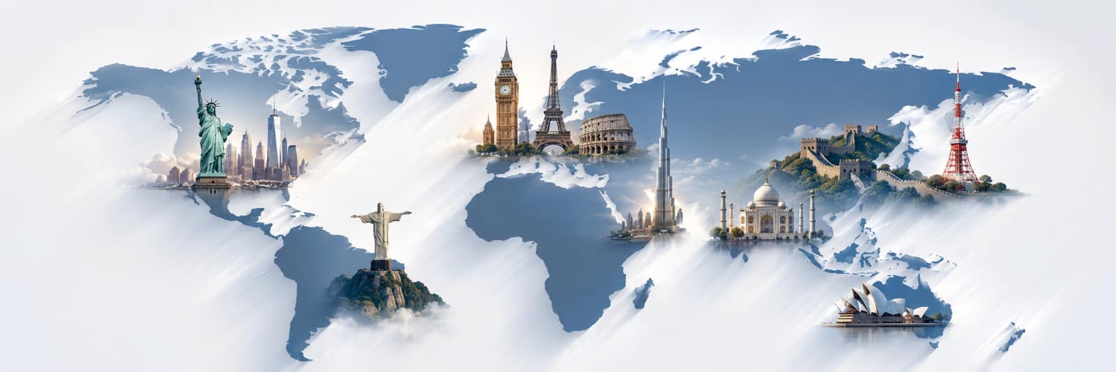 World map with iconic landmarks showing SUV.LIMO global chauffeur coverage